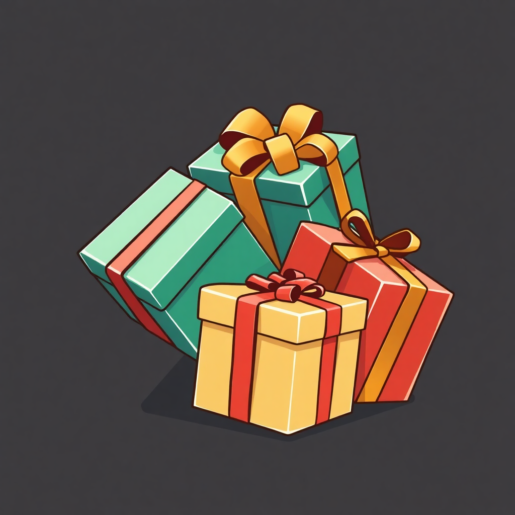 An icon where the gift boxes are slightly tilted, giving a sense of movement and playfulness, perhaps with a ribbon wrapping around them.