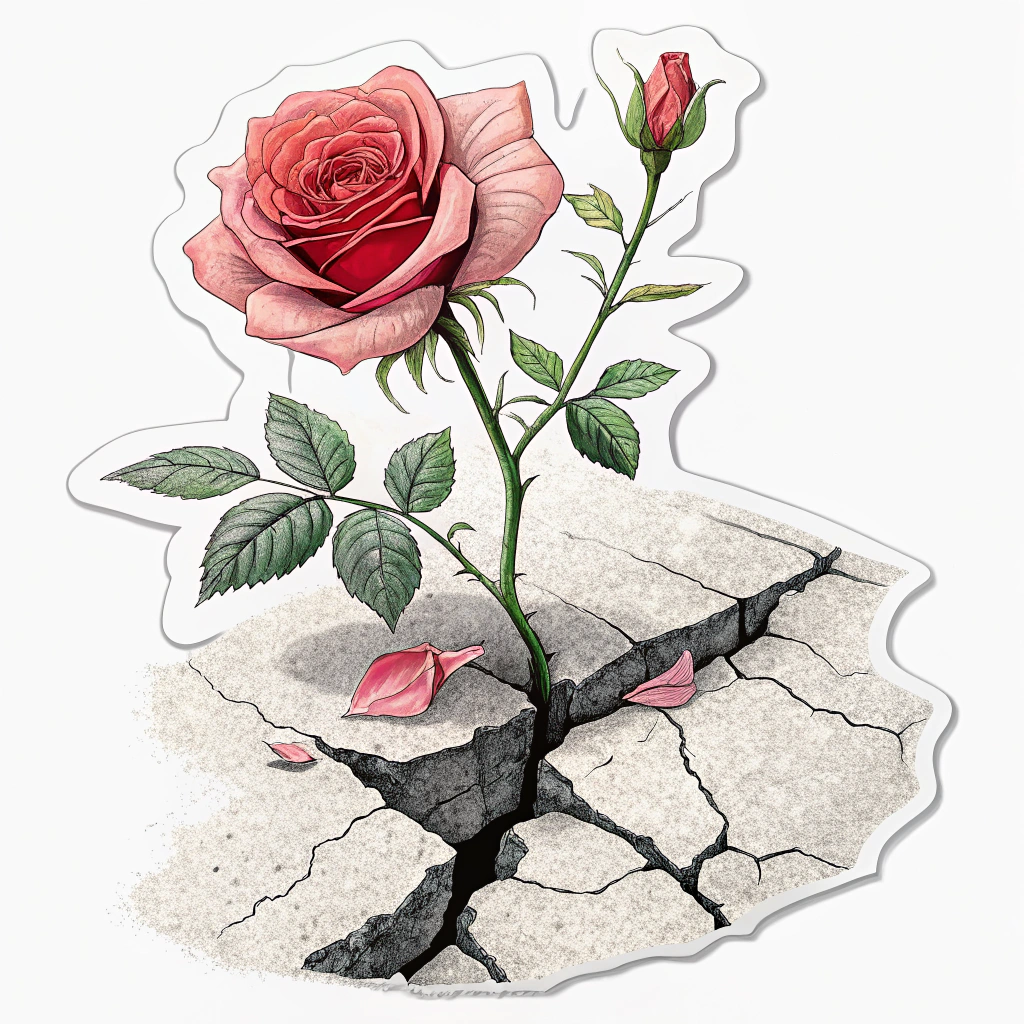 A sticker that showing a rose growing out of concrete