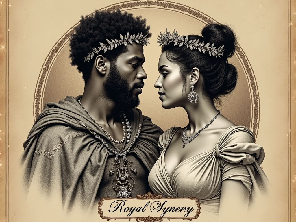 Vintage Royalty Portrait Sketch: A design inspired by vintage etched portraits or currency, showing Kendrick and SZA in regal, classical poses, perhaps with laurel wreaths intertwining with their crowns. The style would be sophisticated and artistic, with 'Royal Synergy' in an elegant script font.