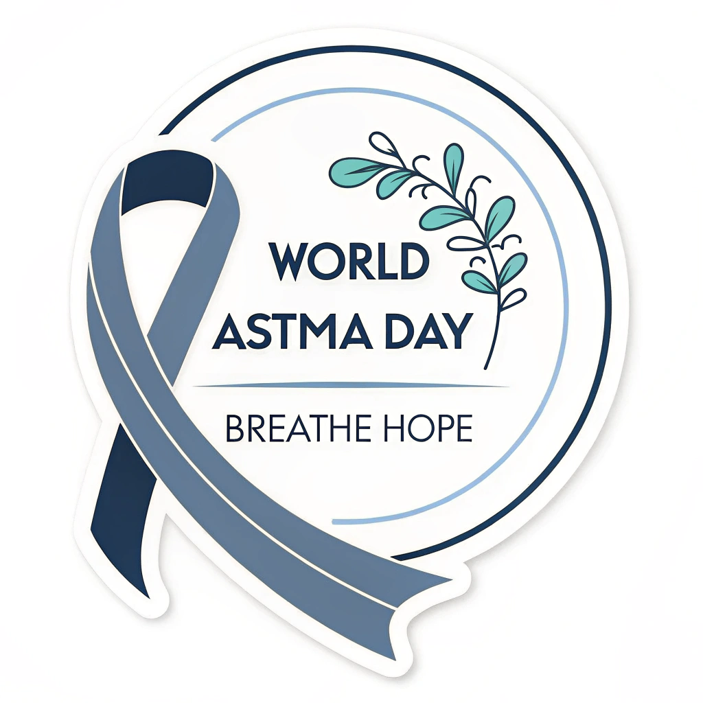 Simple Logo Idea: The asthma awareness ribbon forms a continuous, protective circle around the words 'World Asthma Day,' with the slogan 'Breathe Hope' positioned centrally or below.