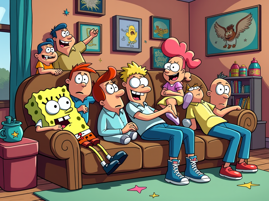 The Great Crossover Couch Gag: An iconic couch gag scene, like from The Simpsons, but populated with a diverse cast of 90s cartoon characters from various networks (e.g., SpongeBob, Dexter, Doug, a Powerpuff Girl, Rocko) all clamoring for a spot or interacting comically.