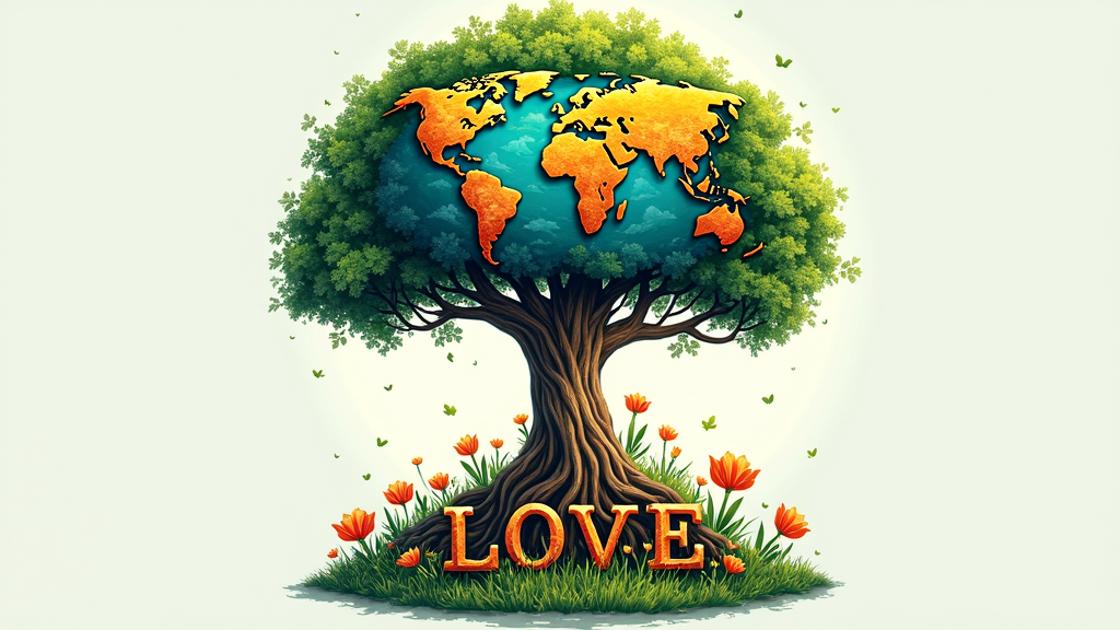 A majestic tree with its leafy canopy shaped as the world map or a vibrant globe. Tree roots can subtly spell 'LOVE' or anchor into 'YOUR MOTHER'. Naturalistic or whimsical art style.