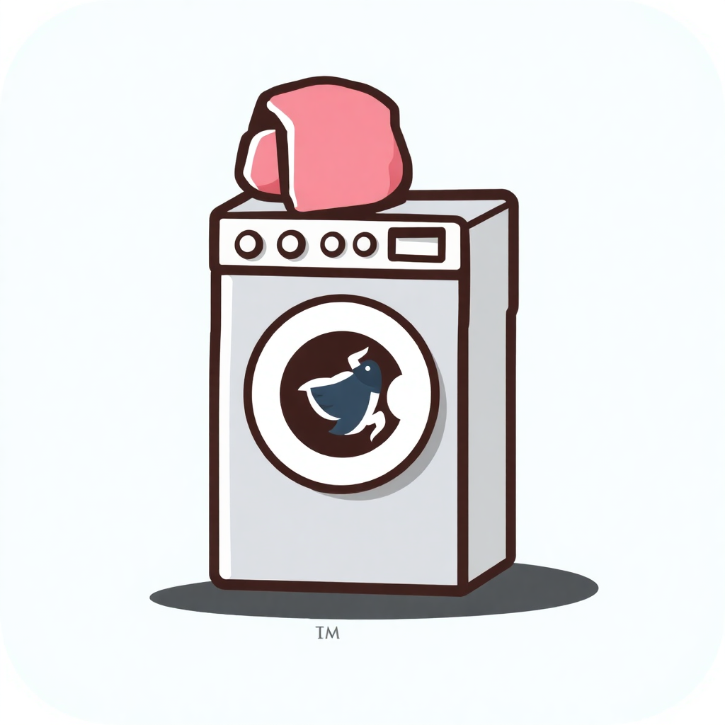 The image shows a cartoon washing machine with a pink object on top of it.