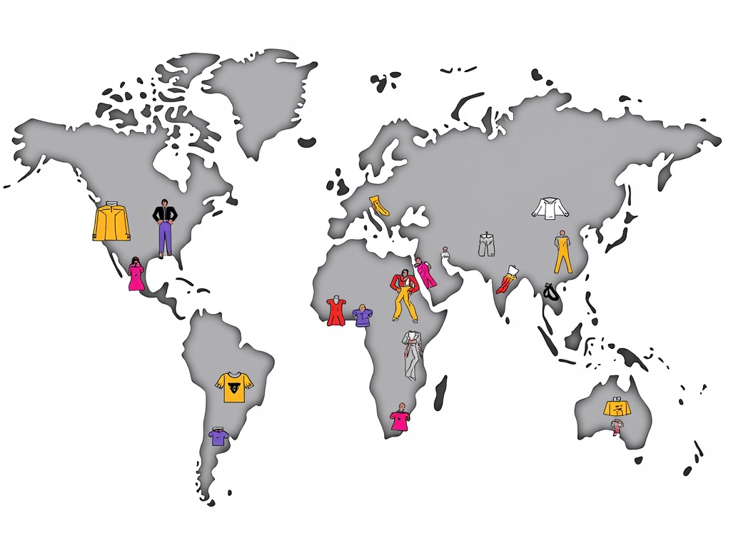 An artistic 'trend map' illustration visualizing how different fashion elements (e.g., colors, textures, silhouettes) connect to overarching NYFW themes discoverable through illustrations.