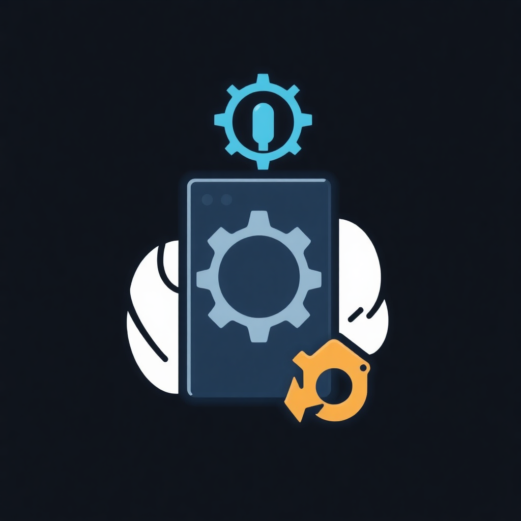 The image is a graphic design with a dark blue background. In the center of the image, there is a smartphone with a gear icon on the screen. The gear icon is blue and has a keyhole in the middle. Surrounding the smartphone, there are two white circles, one on each side. On the right side of the phone, there appears to be an orange gear icon. The overall design is simple and minimalistic.