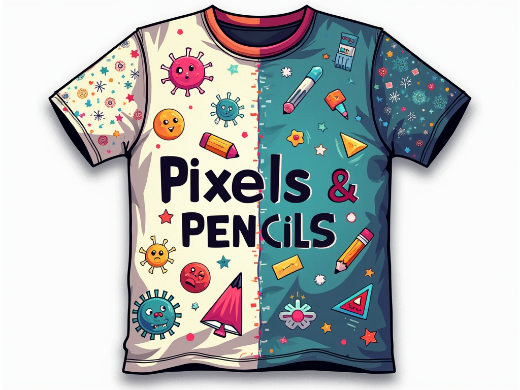 A split-design T-shirt: one side features pixelated graphics (e.g., abstract pixel art, a cursor icon) representing 'Pixels,' and the other side features hand-drawn or sketch-style elements (e.g., a pencil, a notebook doodle) representing 'Pencils.' The slogan 'Pixels & Pencils: My Learning Style' integrated across the design or below.