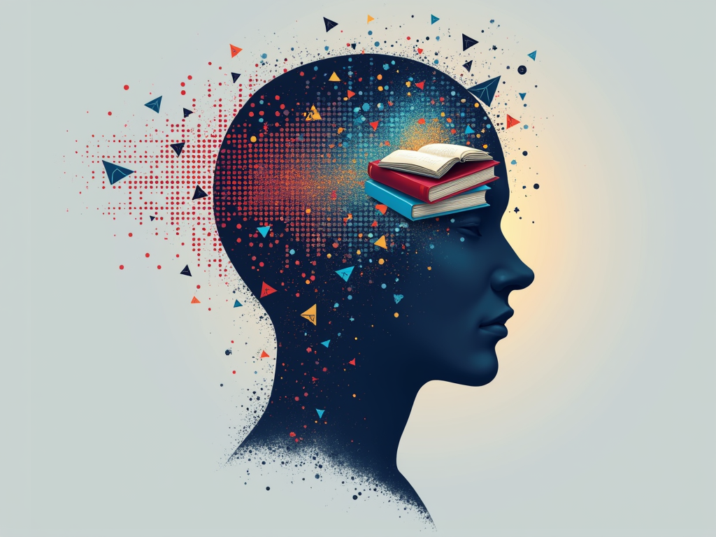 Illustration of a stylized head profile with digital data streams flowing into one side (pixels) and elements like books or hands-on tools emerging from the other (presence).