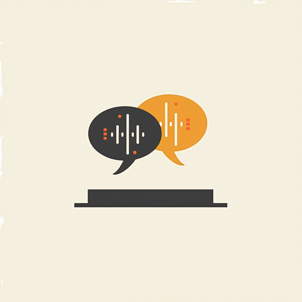 Simple Icon Idea: A minimalist icon showing two overlapping abstract sound waves or speech bubbles, each with a slightly different style, above a simple horizontal line representing the stage.
