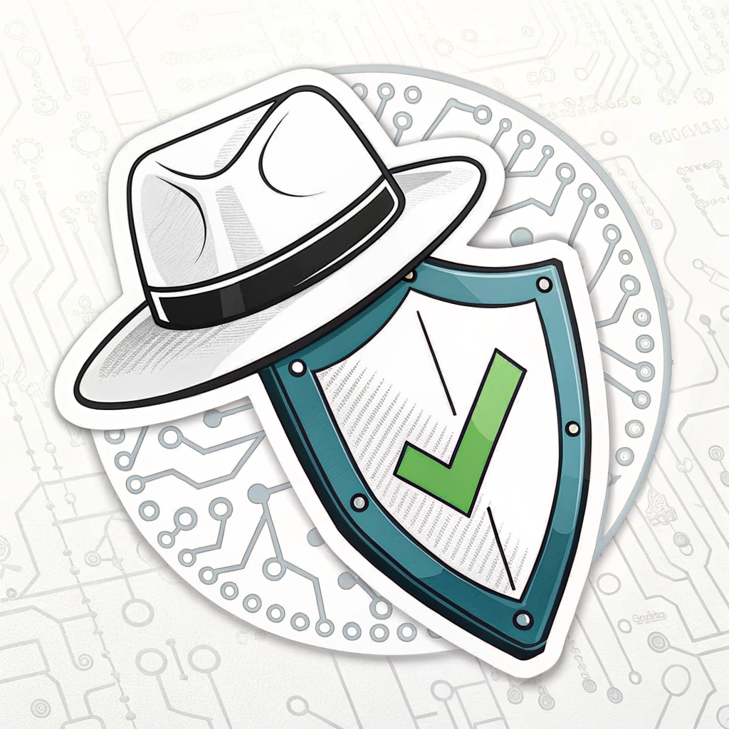 Ethical Hacker: White Hat Emblem - Sub-Design 1: A classic white fedora atop a modern digital shield. The shield is textured with subtle binary code or circuitry patterns and features a prominent green checkmark, symbolizing validated protection and integrity.
