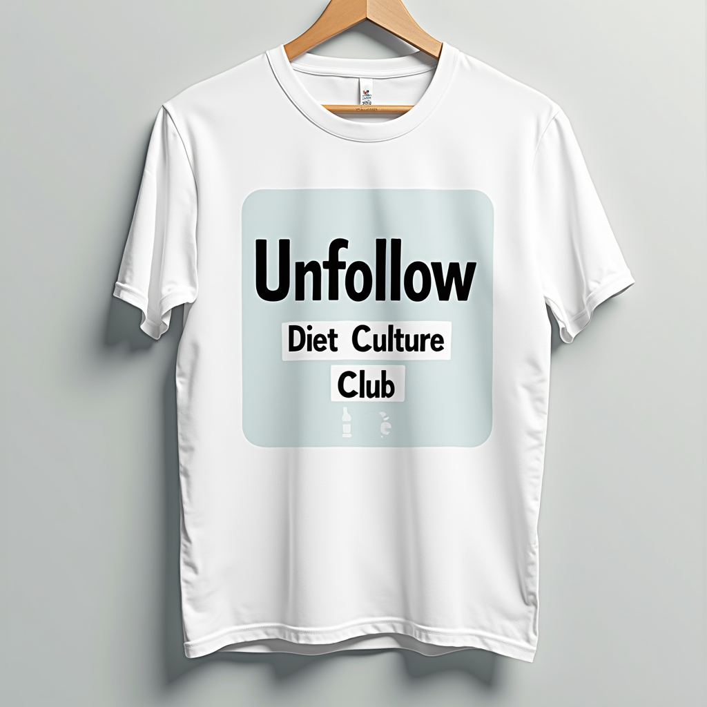 Design 1: 'Unfollow Button' Concept - Features a prominent social media style 'Unfollow' button, with the target being 'Diet Culture'. The text 'Unfollow Diet Culture Club' is clearly displayed, perhaps below or integrated with the button. Could use a clean, modern aesthetic.