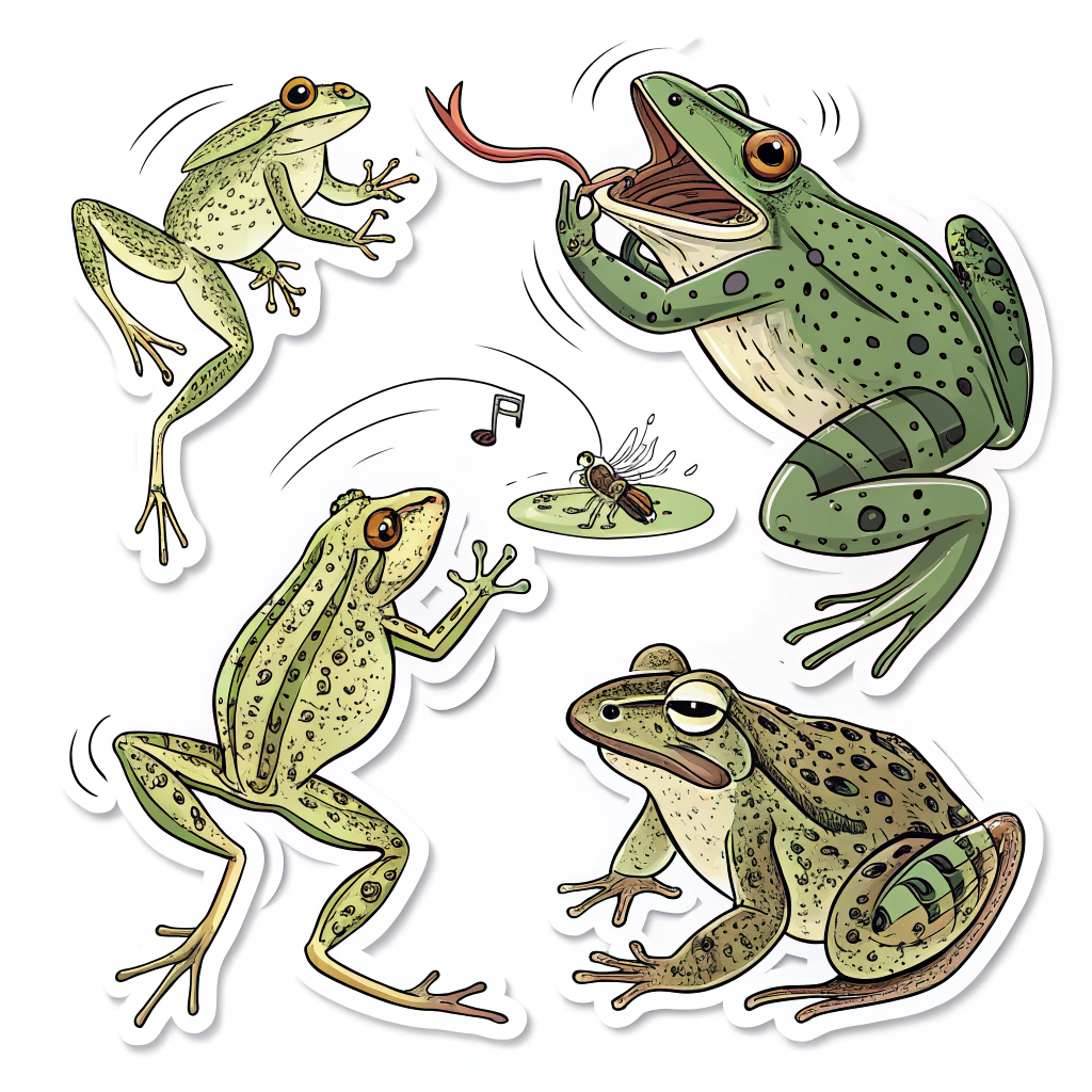 A set depicting different frog behaviours: one leaping, one croaking (with sound lines), one catching an insect with its tongue, one resting camouflaged.
