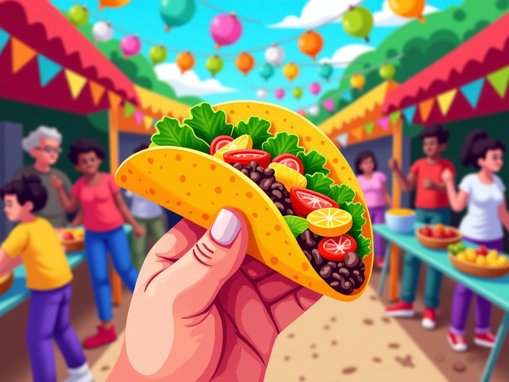  a hand holding a taco in front of a colorful outdoor market. The taco is filled with black beans, lettuce, tomatoes, and other vegetables. The background shows a group of people gathered around tables with various food items on them. The market is decorated with colorful flags and balloons hanging from the ceiling. The sky is blue and there are trees in the background. The overall atmosphere of the image is lively and festive.