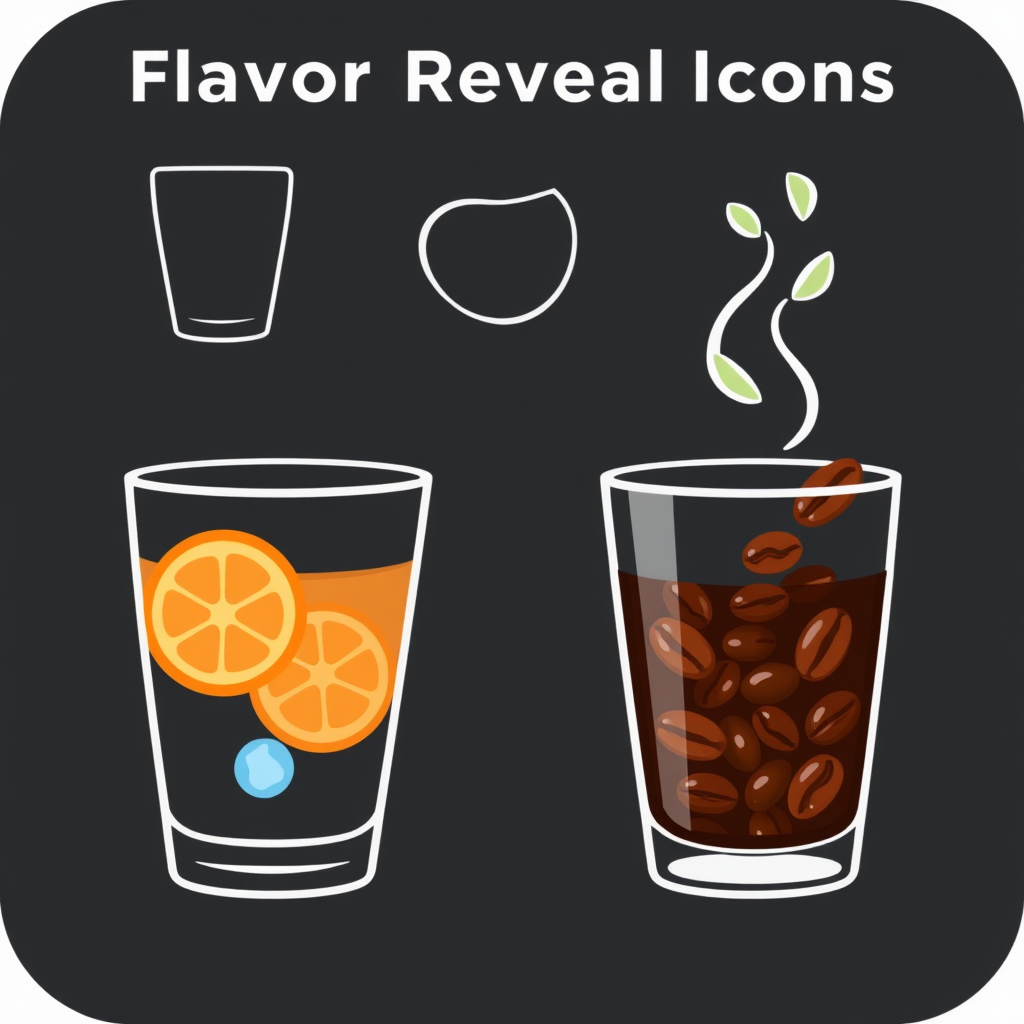 'Flavor Reveal' Icons: Icons of basic beverage containers (e.g., a plain glass, cup) that, upon user interaction (like a tap), animate to reveal or highlight key ingredients or flavors associated with a potential drink—such as fruit slices appearing, ice cubes dropping in, or coffee beans swirling.