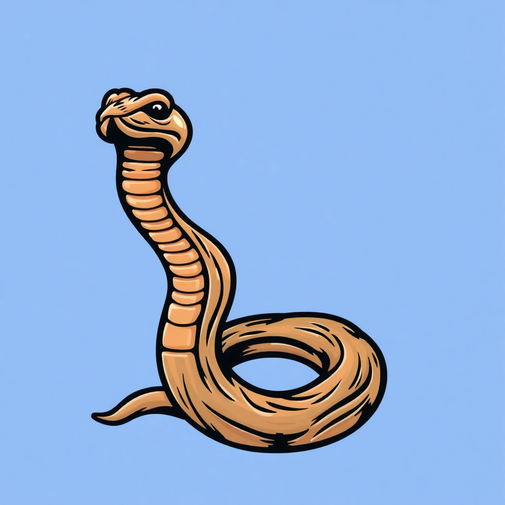 The image is a digital illustration of a cobra. The cobra is shown in a side view, with its body facing towards the left side of the image. Its head is turned slightly to the side, and its mouth is open, as if it is snarling. The snake's body is elongated and its tail is curled around its body. The background is a light blue color. The illustration is done in a simple, cartoon-like style.