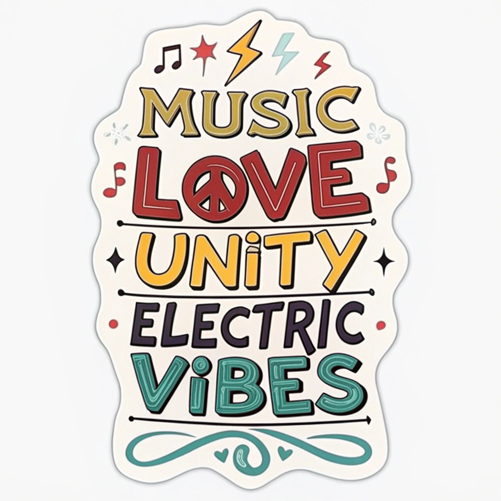 Stacked Anthemic Words: A typographic sticker with a dynamic stack or collage of impactful words central to festival culture like 'MUSIC', 'LOVE', 'UNITY', 'ELECTRIC', 'VIBES', each rendered in a unique, bold, colorful, and energetic font style.