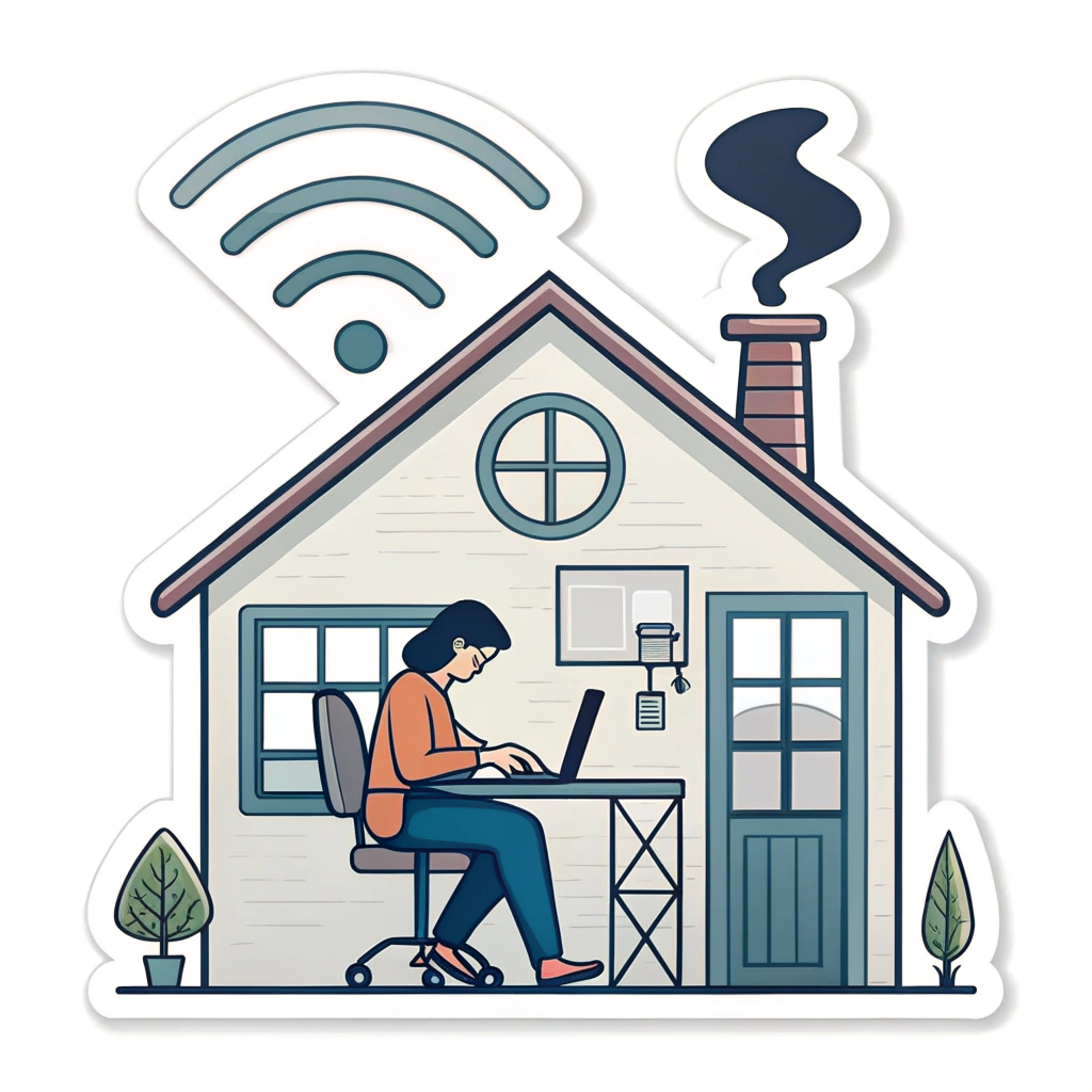 A house with a Wi-Fi symbol emanating from the roof, with a person inside working diligently.