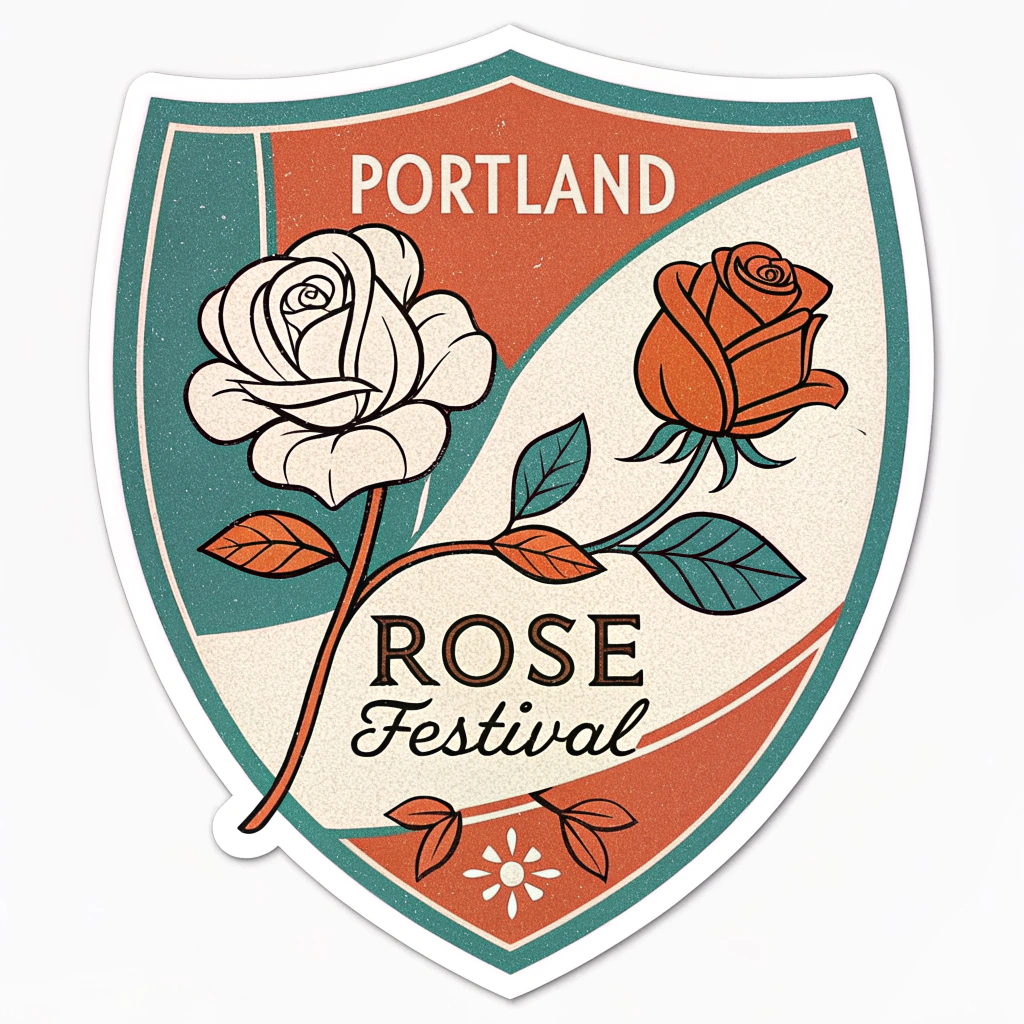 Mid-Century Heraldry: A modern take on a heraldic shield for 'Portland Rose Festival', featuring a simplified, almost graphic rose. The shield might have a retro shape, and the overall design would use a limited, flat color palette common in the 1950s-60s (e.g., teal, orange-red, cream). Text in a clean, mid-century grotesque typeface.