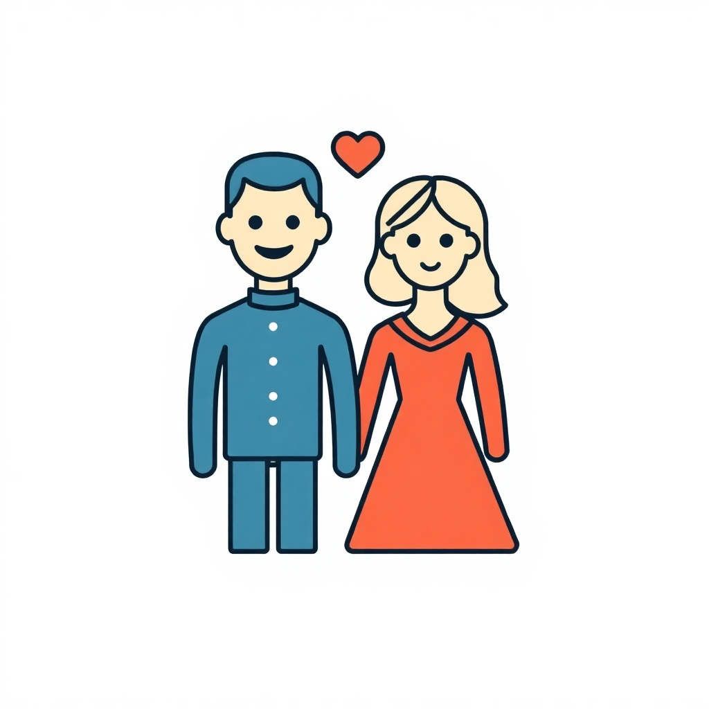 The image shows a man and woman holding hands with a heart in the background, symbolizing the love between them. The man is wearing a blue shirt and the woman is wearing an orange dress, both of them looking lovingly at each other. The heart is a bright red color, adding a romantic touch to the image.