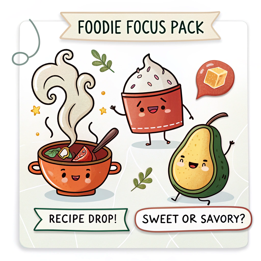 Foodie Focus Pack: Stickers with animated steam for hot dishes, illustrated ingredient icons (e.g., cute avocado, chili pepper), 'Recipe Drop!' banners, and interactive poll stickers like 'Sweet or Savory?'.