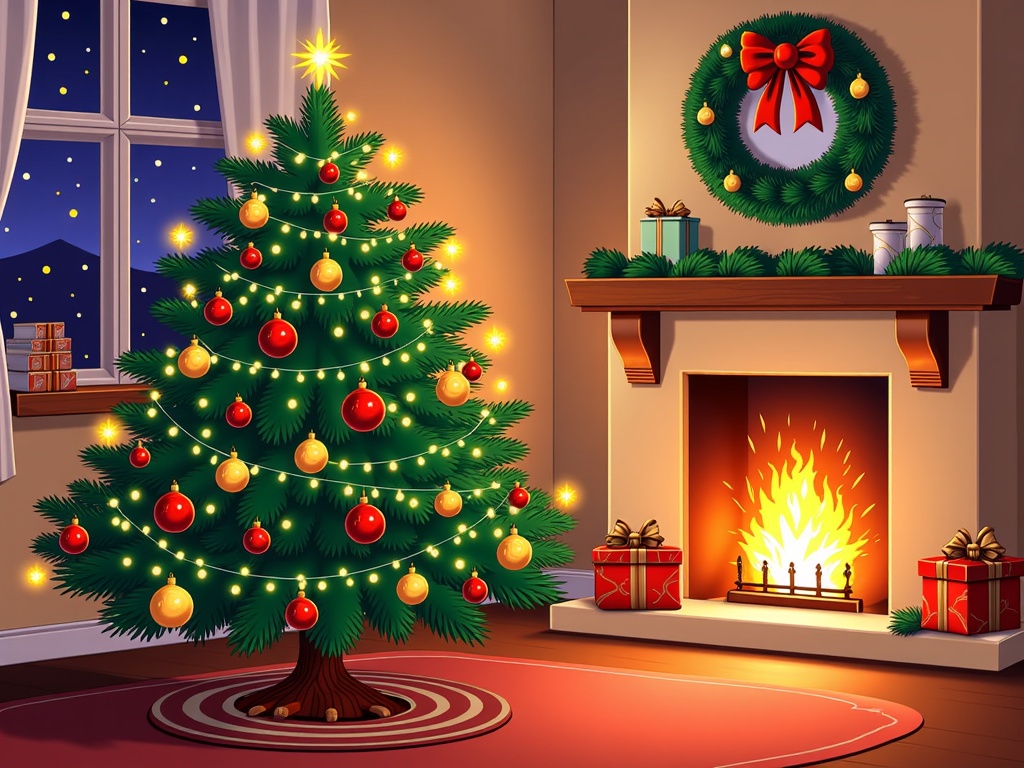 The image shows a living room with a Christmas tree decorated with lights and ornaments, a fireplace with gift boxes and a wreath on the wall, a window with curtains, and a carpet on the floor.