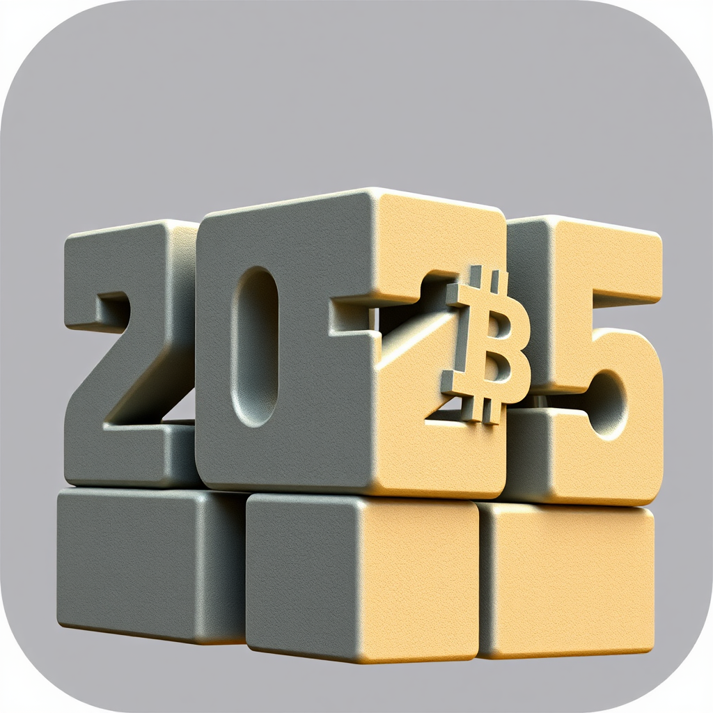Construct '2025': The numerals '2025' are depicted as large, interconnected, modular blocks, reminiscent of a monumental structure. Subtle engraved Bitcoin symbols or patterns adorn the surfaces of these blocks, or the '0' incorporates a Bitcoin coin-like cutout.