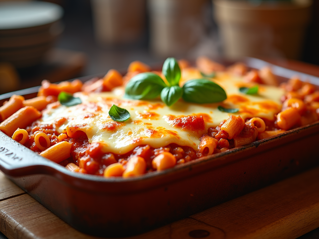 A delicious baked ziti casserole fresh out of the oven, featuring bubbling mozzarella cheese that's perfectly browned and melted over a rich tomato sauce with savory ground beef and tender penne pasta, all garnished with a sprinkle of fresh basil leaves.