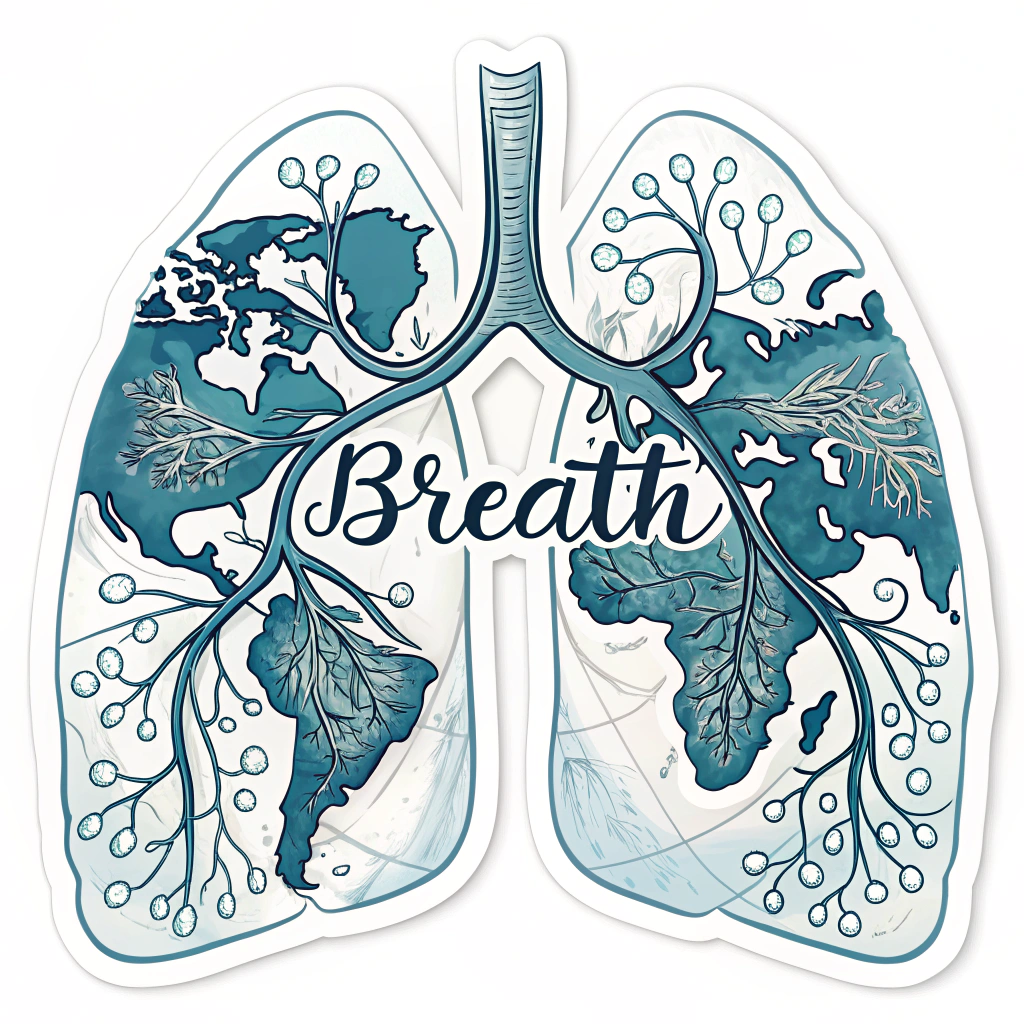 Sub Design Idea 3: A sticker design that visually represents 'breath' as flowing, interconnected lines or gentle air currents forming the shape of lungs, with subtle global map elements woven into the background.