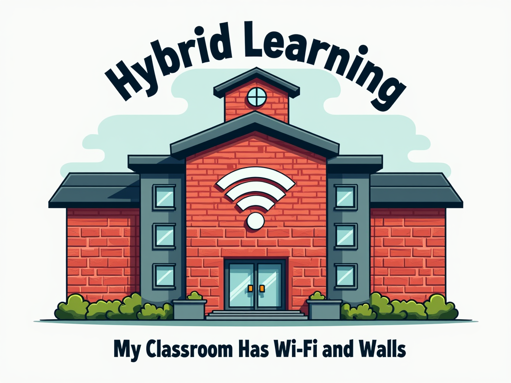 Iconic Blend: A design featuring a stylized school building or a literal brick wall section, with a prominent Wi-Fi symbol seamlessly integrated into it or overlapping. The text 'Hybrid Learning' above, and the slogan 'My Classroom Has Wi-Fi and Walls' below or around the graphic.