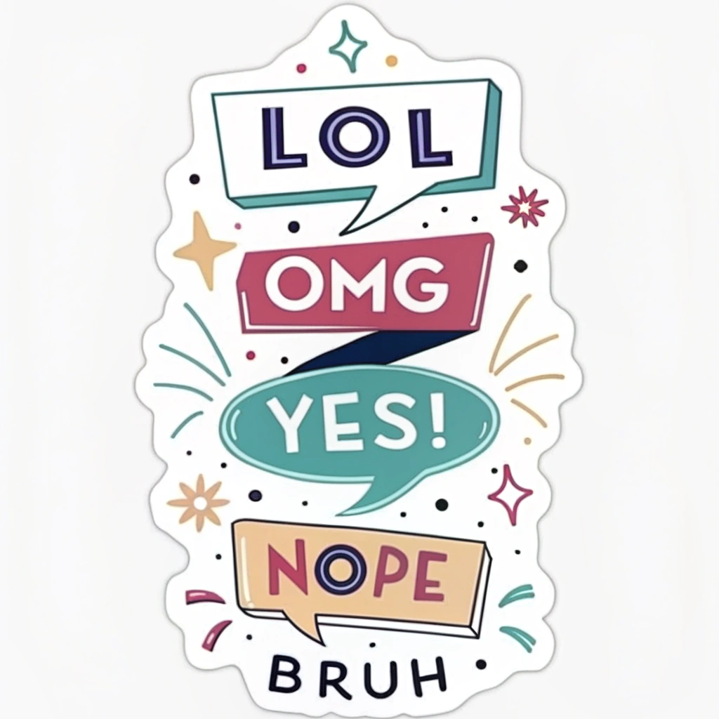 Sub-Design Idea 2: Kinetic Typography Phrases. Common reaction words or internet slang ('LOL', 'OMG', 'YES!', 'NOPE', 'BRUH') animated with dynamic text effects such as letters stretching, bouncing, appearing sequentially, or having a pulsing glow.