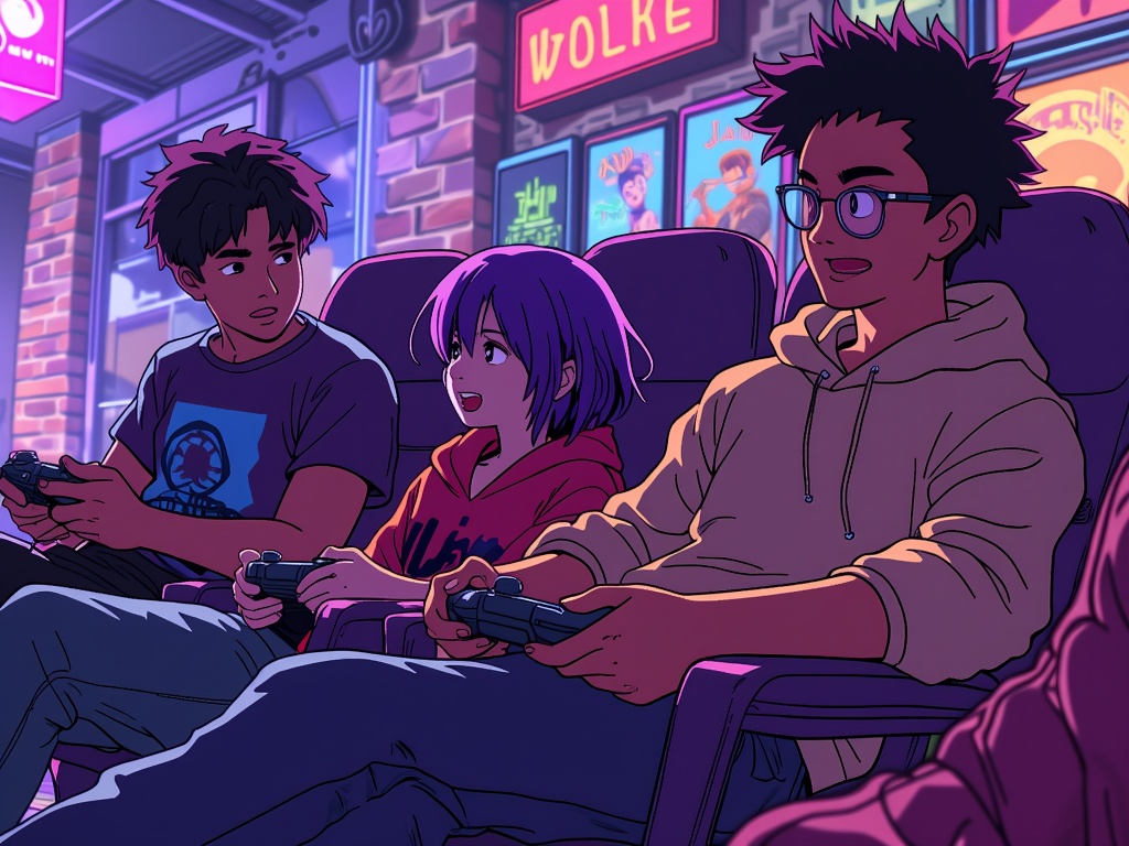 In the MomoCon game room, a few characters are casually playing a relaxed co-op game on a console, or leaning back in their chairs with controllers idle, chatting softly.