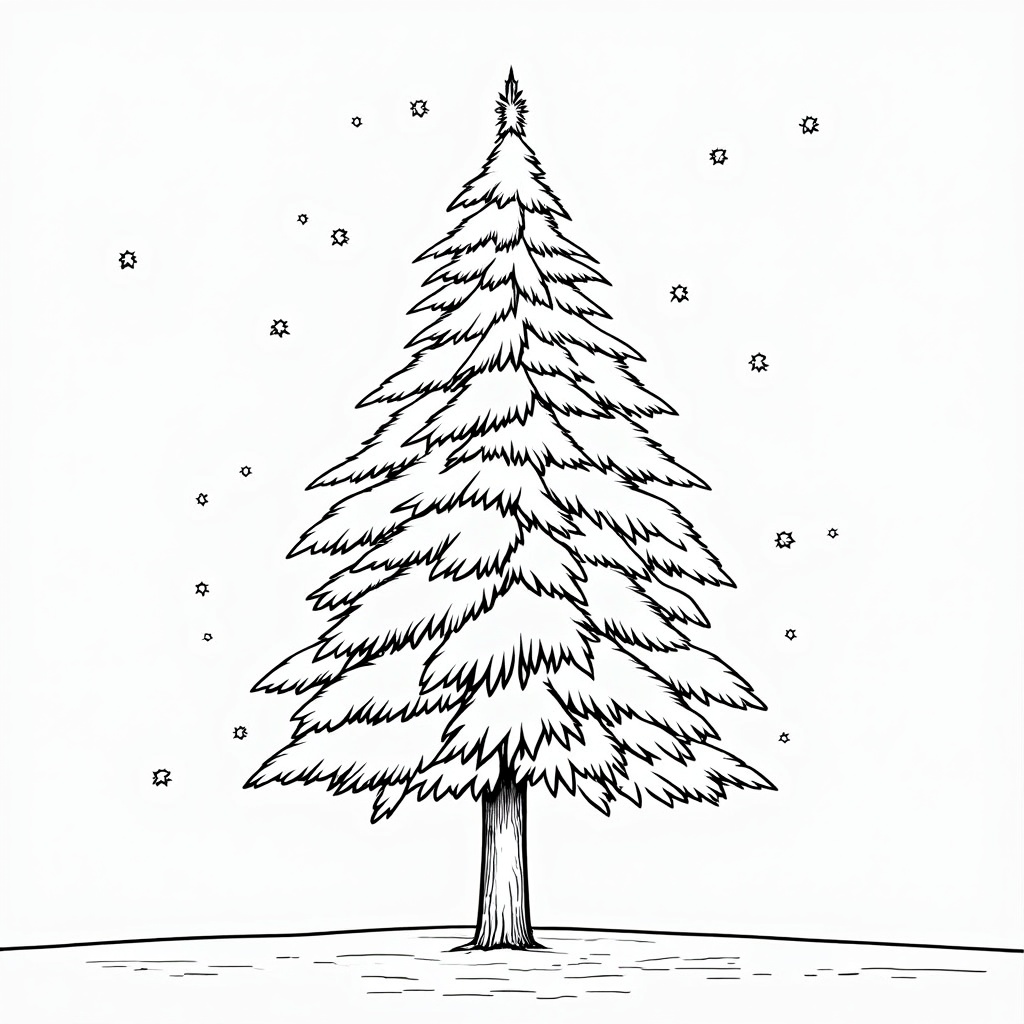 The image is a black and white line drawing of a Christmas tree. The tree is tall and slender with a pointed top and a conical trunk. It is covered in snowflakes and has a star on top. The background is plain white, and there are small black stars scattered around the tree, creating a starry night sky. At the bottom of the image, there is a small patch of snow on the ground. The overall style of the drawing is simple and minimalistic.