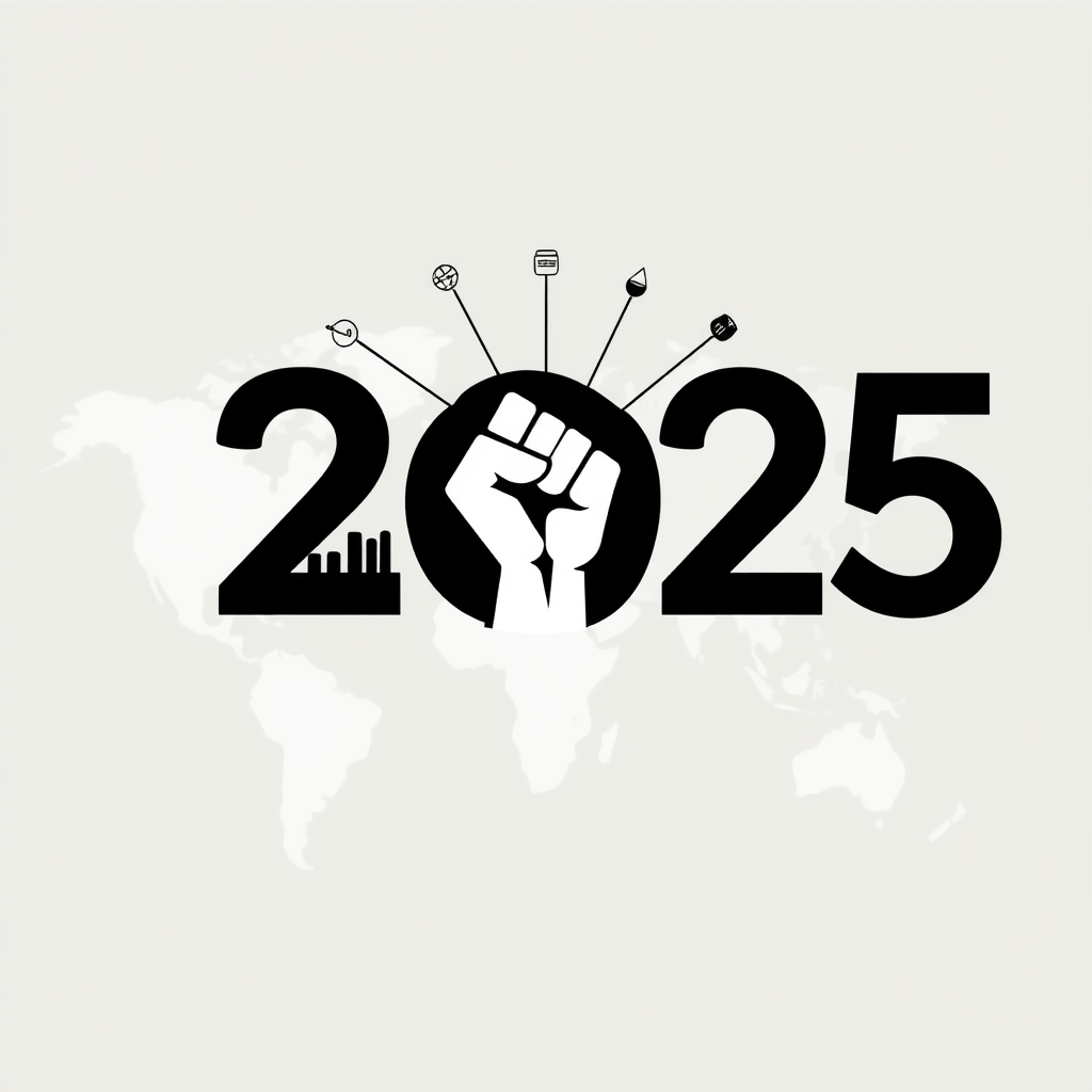 Sub-design Idea 4: A minimalist design featuring a bold '2025' with the '0' replaced by a stylized clenched fist. Lines radiate from the fist, connecting to small icons representing different industries across a subtle world map outline.