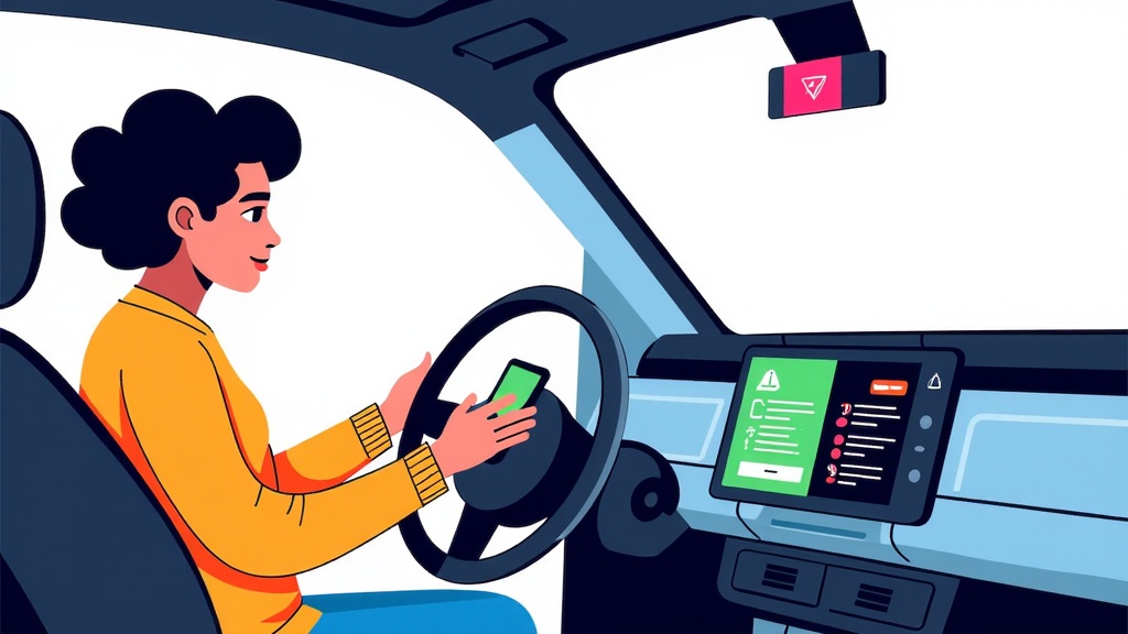 An interior shot of a robotaxi where a passenger is using integrated accessible technology, such as a haptic feedback system, voice commands for route adjustments, or a large-print/high-contrast display tailored to their needs.