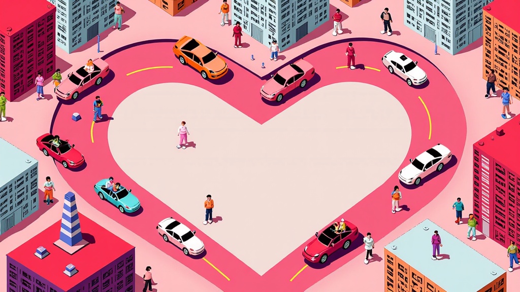 An aerial view of a city where the streets form a giant heart shape, with tiny cars representing couples driving around, decorated with Valentine's motifs.