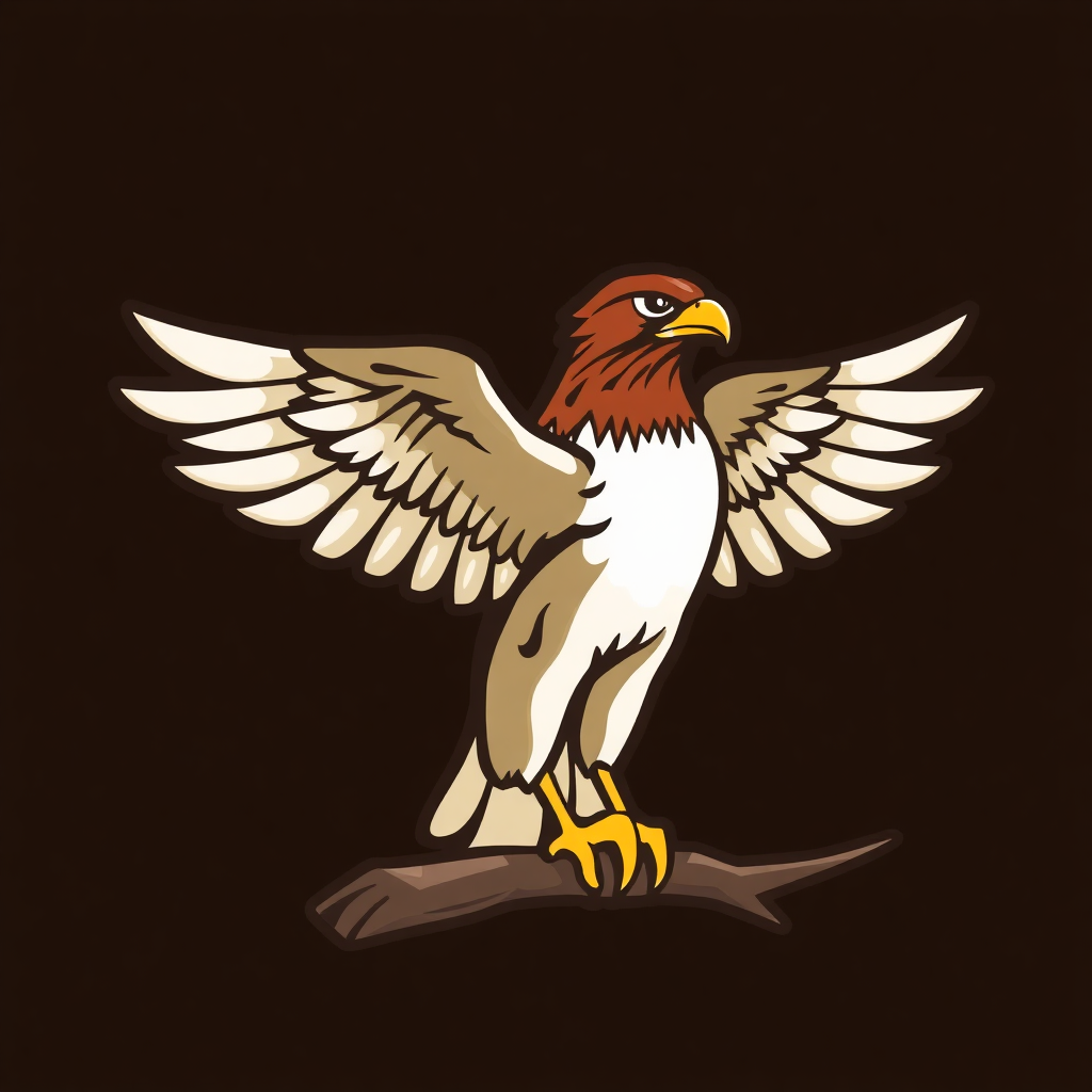 The image is a digital illustration of a bird of prey, specifically a hawk, perched on a branch. The bird is facing towards the right side of the image and its wings are spread wide, as if it is about to take flight. The hawk has a red head and a white body with a black beak and feet. Its wings are a mix of brown and white feathers, and its talons are yellow. The branch it is perched on is brown and appears to be bare. The background is black, making the bird stand out.