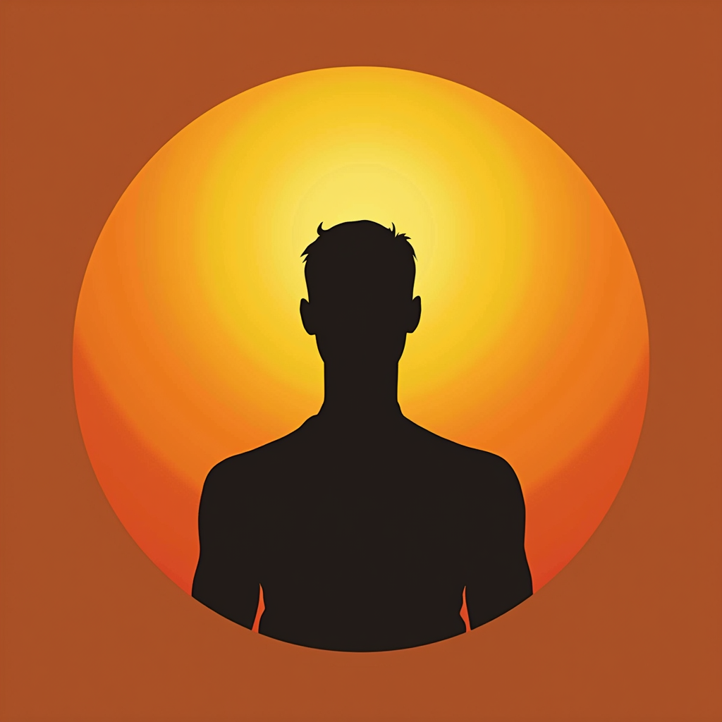 Simple Icon Idea for The Man Effigy: A minimalist, bold silhouette of the Man effigy's upper torso and head, centered within a perfect circle that transitions from deep orange at the bottom to bright yellow at the top, representing a distilled sunset glow.