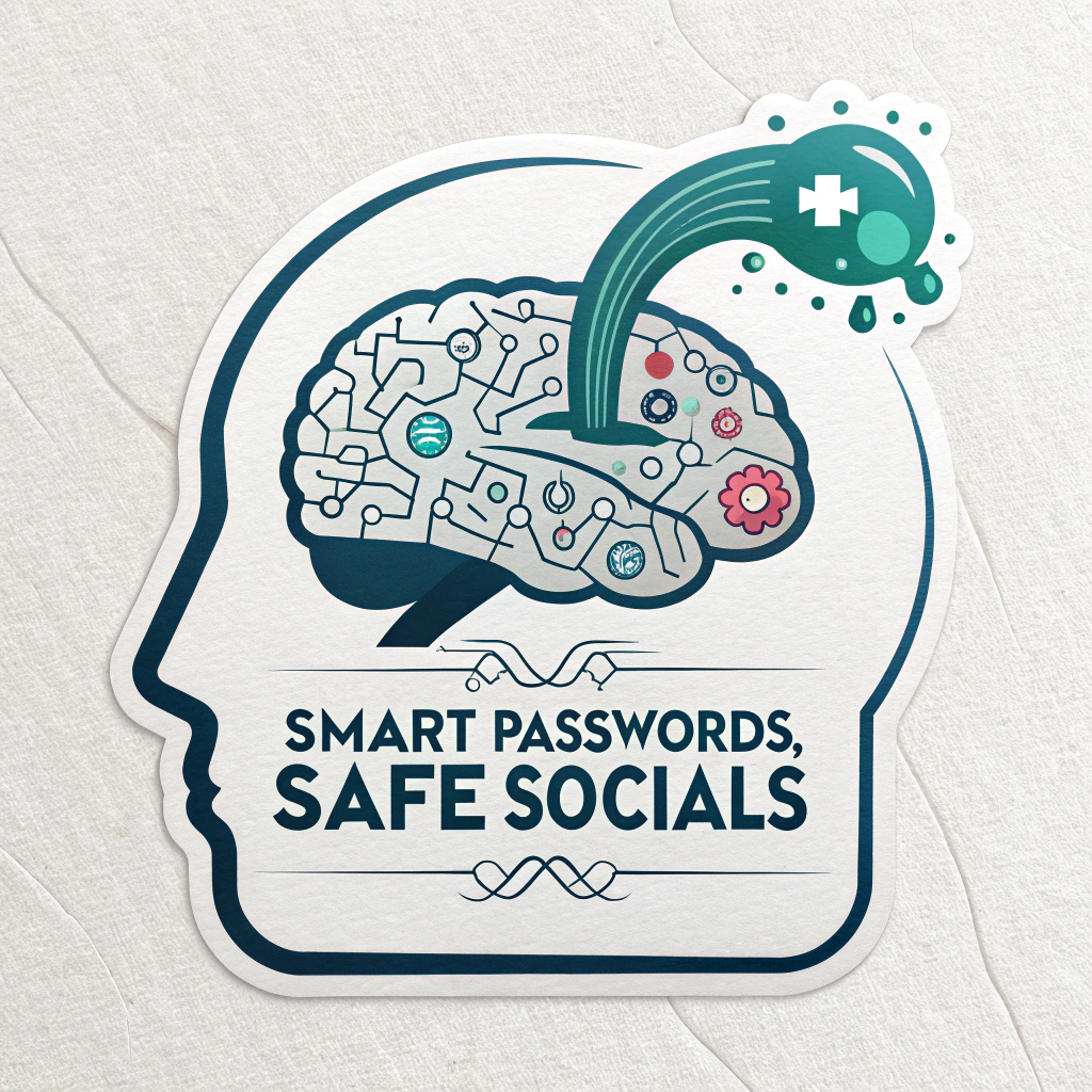 Digital Brain with Password Stream: An icon of a brain with a stream of complex, abstract characters (representing a strong password) flowing into it, symbolizing memorization or use of a password manager. Text: 'Smart Passwords, Safe Socials.'