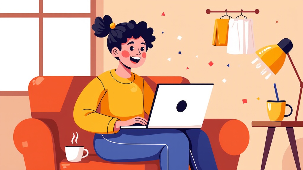  a young woman sitting on a red armchair in a living room. She is wearing a yellow sweater and blue jeans and has a big smile on her face. She has curly black hair tied up in a bun and is holding a laptop in her lap. On the right side of the image, there is a small table with a lamp and a cup of coffee on it. The background shows a window with white curtains and a clothes rack with clothes hanging on it, and there are colorful confetti scattered around the room. The overall style of the illustration is cartoon-like and playful.