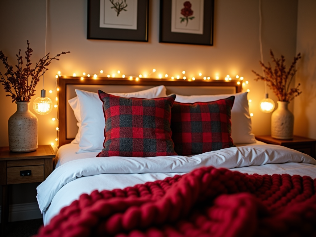 A cozy bedroom with a touch of holiday spirit, featuring plaid pillows, a chunky knit throw in festive red, and fairy lights on the bed's headboard, creating a serene retreat during the bustling holiday season.