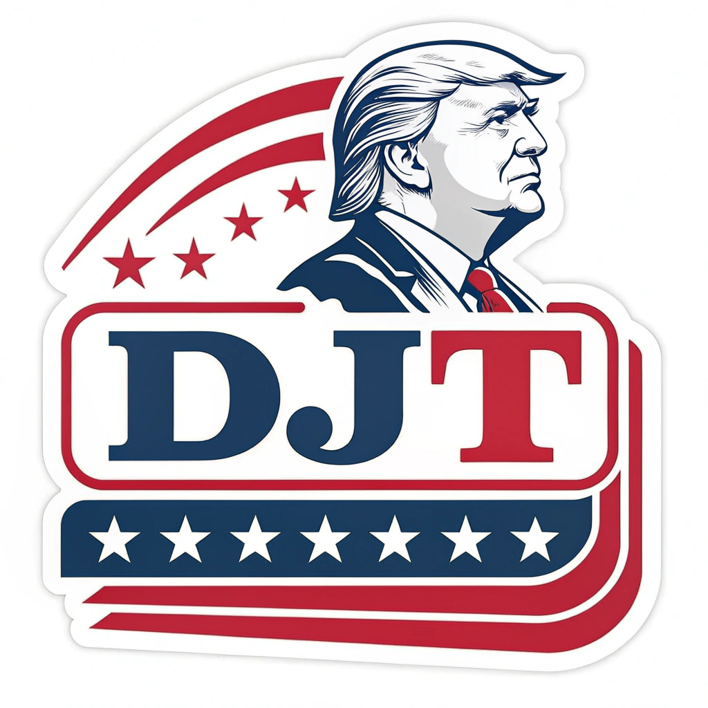 A bold, minimalist design featuring Trump's initials, 'DJT,' in a strong font and patriotic colors.