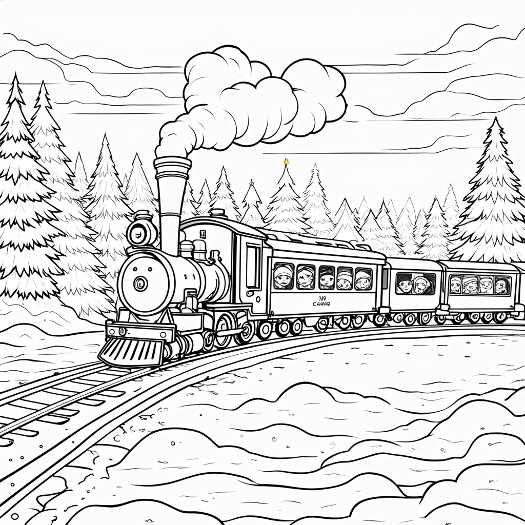 The image shows a black and white sketch of a train on a railway track surrounded by trees and a sky with clouds. The train is filled with people, and there is text at the bottom of the image. It is a free printable coloring page for kids.