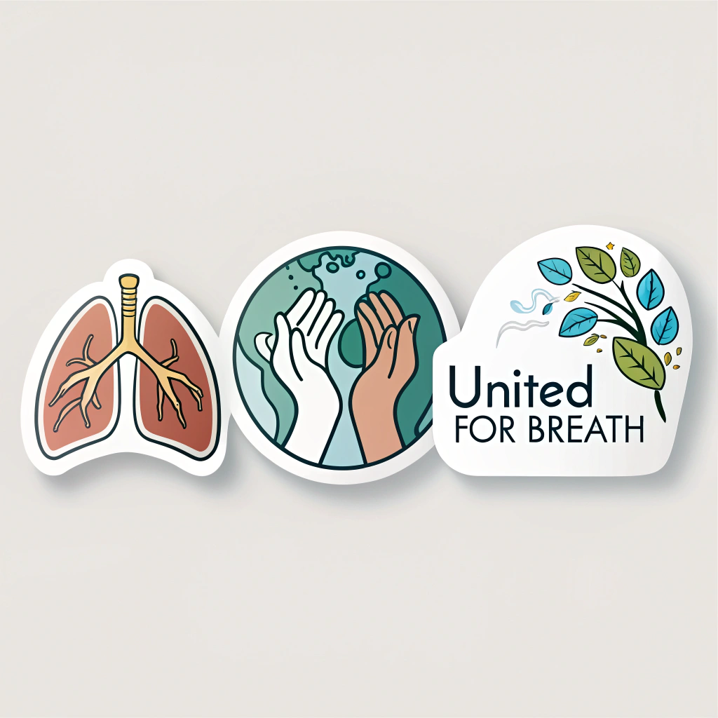 Sub Design Idea 5: A set of smaller, related stickers: one with a simplified lung icon, one with a globe icon focused on unity (e.g., hands around it), and one with the slogan 'United for Breath' in an appealing font.