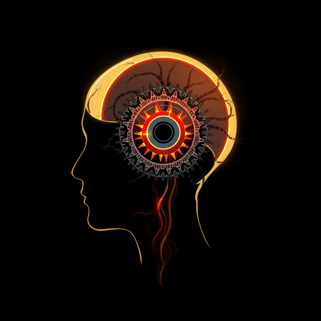 Sub-Design 1 (Emergent Cog): A human head profile where the cranium opens to reveal not a brain, but an intricate, glowing cogwheel meshing with organic, neuron-like tendrils. This represents the machine aspect generating creative output through symbiosis with mind-like structures.