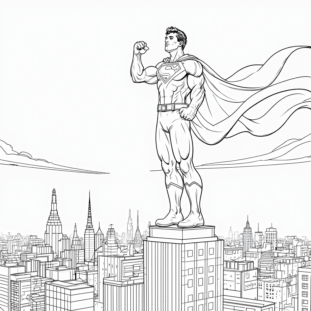 Classic Rooftop Pose: Superhero standing tall atop a skyscraper, one fist triumphantly raised, cape dramatically flowing, with a detailed city skyline stretching out below.
