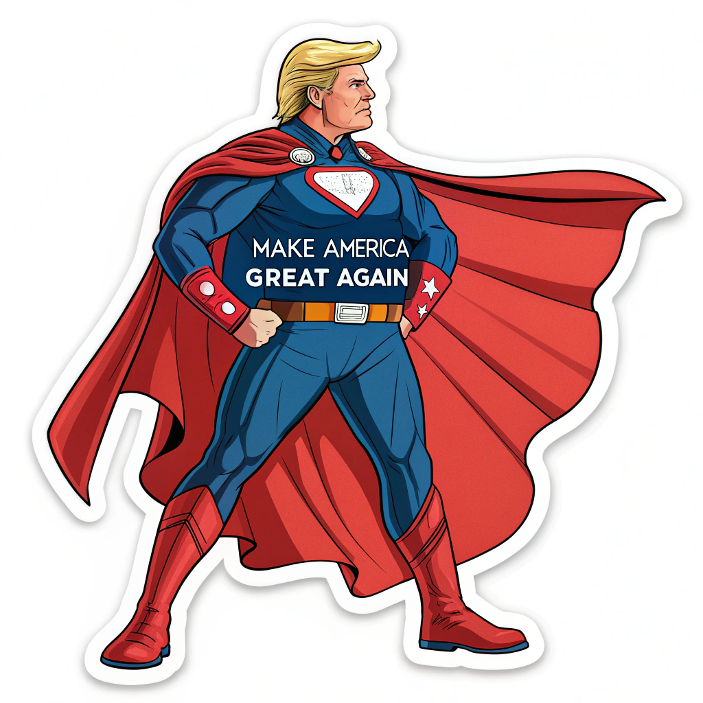 Trump depicted in a superhero costume with a 'Make America Great Again' cape.