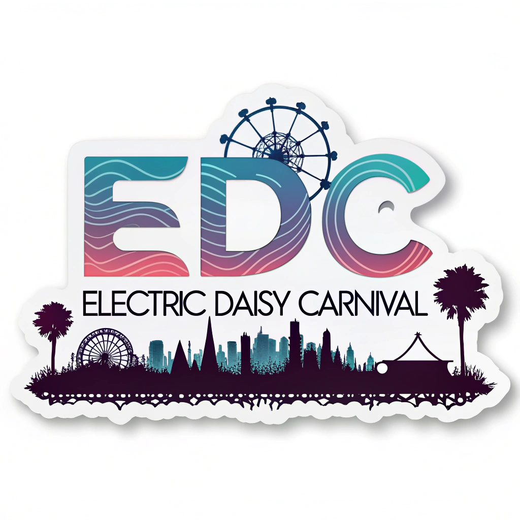 Soundwave Skyline Typography: 'EDC' or 'Electric Daisy Carnival' creatively integrated into a neon soundwave graphic that transitions into a stylized silhouette of a festival skyline (like stages or a Ferris wheel).