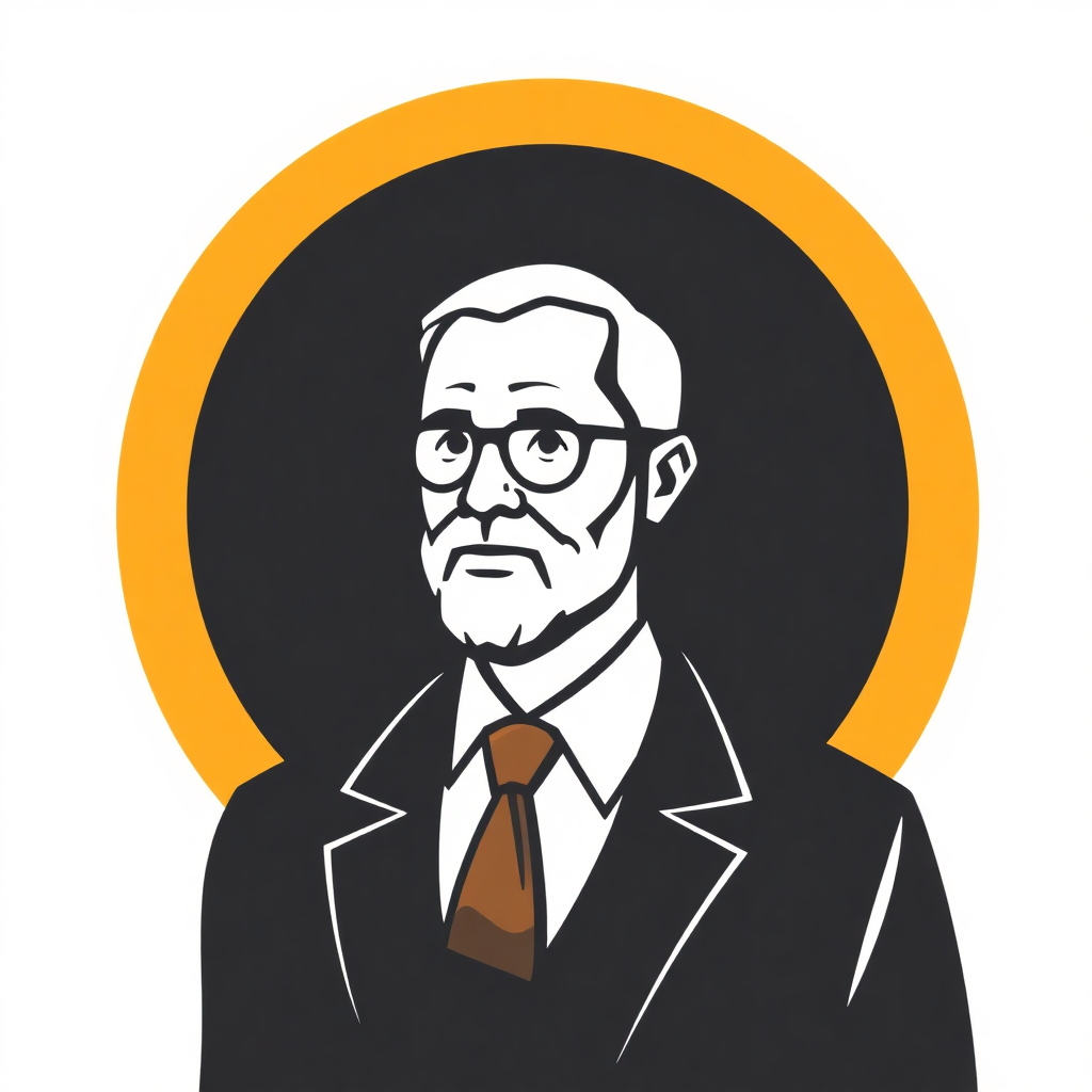 The image is a portrait of an elderly man with a serious expression on his face. He is wearing a suit and tie, and has a pair of glasses on. The man has a white beard and mustache, and his hair is neatly combed back. The background is black, and there is a yellow circle in the center of the image. The overall style of the illustration is simple and minimalistic.