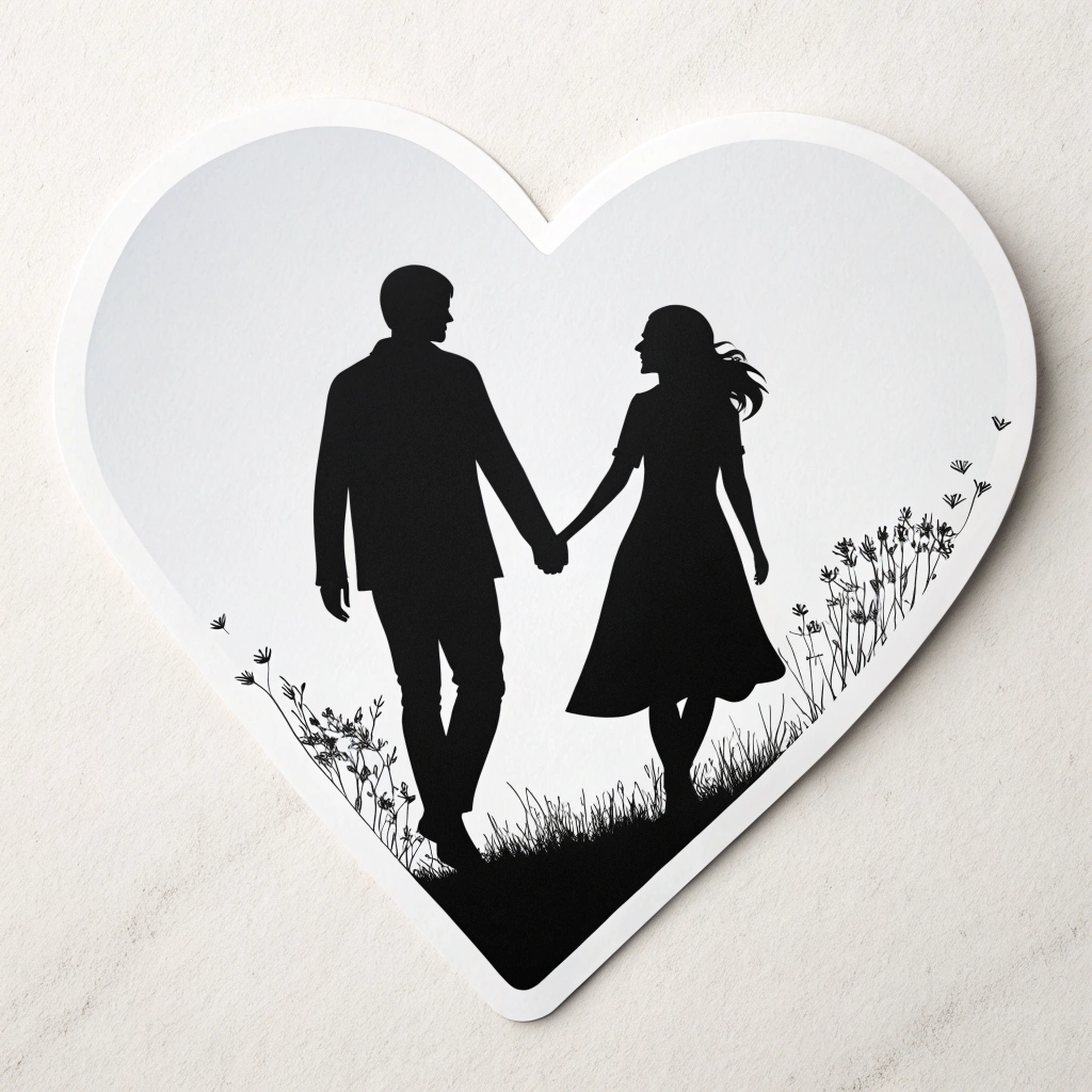 Heart-shaped sticker featuring a silhouette of a couple holding hands.