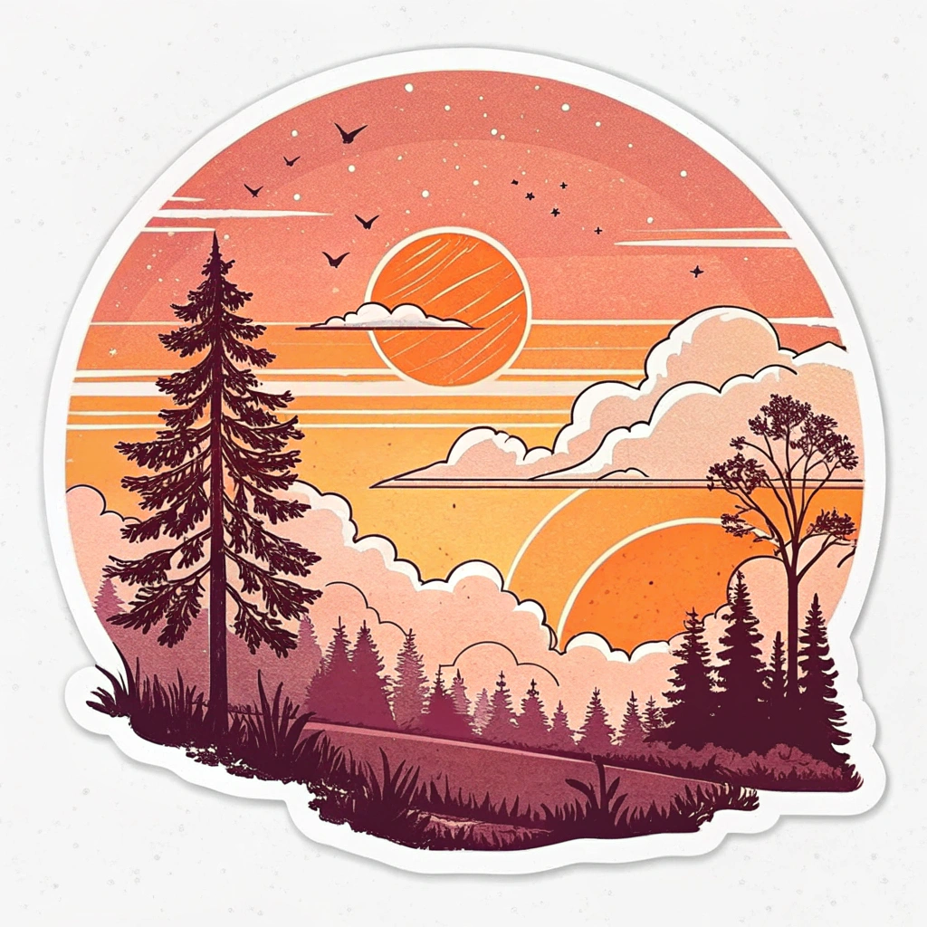 The image is a circular sticker with an illustration of a beautiful sunset. The background is a gradient of orange and pink, with the sun setting in the center. The sky is filled with white clouds and there are a few birds flying in the sky. On the left side of the image, there is a tall pine tree with green leaves and a few smaller pine trees on the right side. In the foreground, there are more pine trees and shrubs. The overall color scheme of the illustration is warm and earthy, with shades of pink, orange, and yellow. The image has a peaceful and serene feel to it.