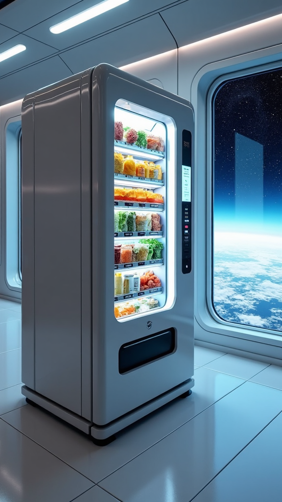 Inside a space station simulation, a futuristic vending machine providing rehydrated meals and vitamins for astronauts-in-training, looks sleek and high-tech.